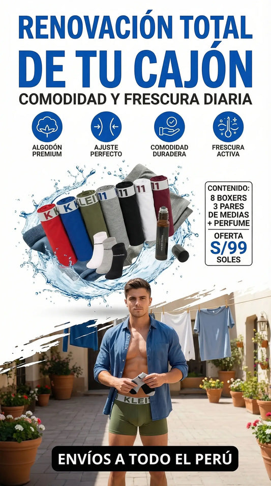 PACK ESENCIA 4.0 | 8 BOXER + 3 PARES DE MEDIAS + 1 PERFUME DE BOLSILLO