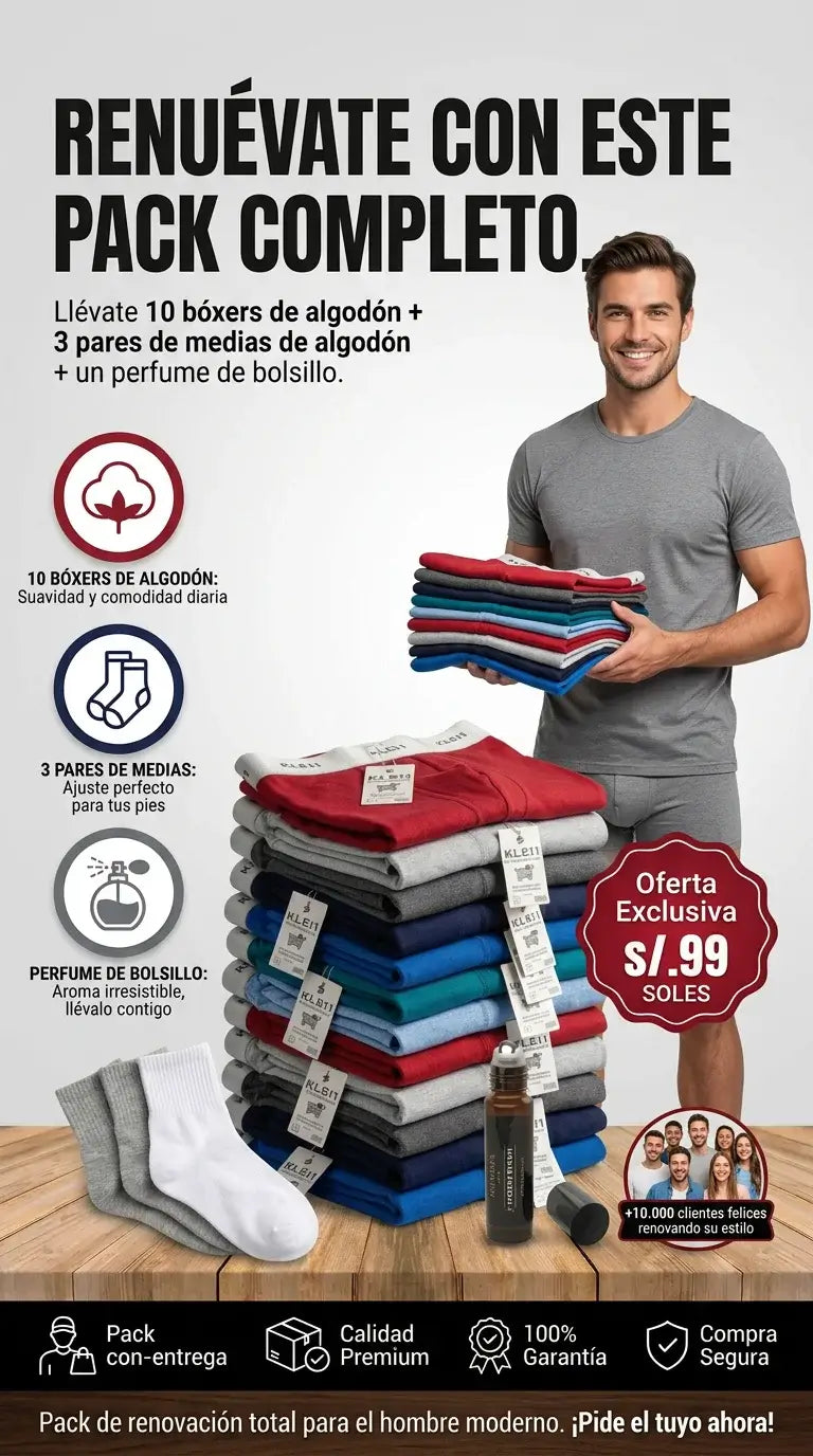 PACK ESENCIA | 10 BOXER + 3 MEDIAS + 1 PERFUME DE BOLSILLO
