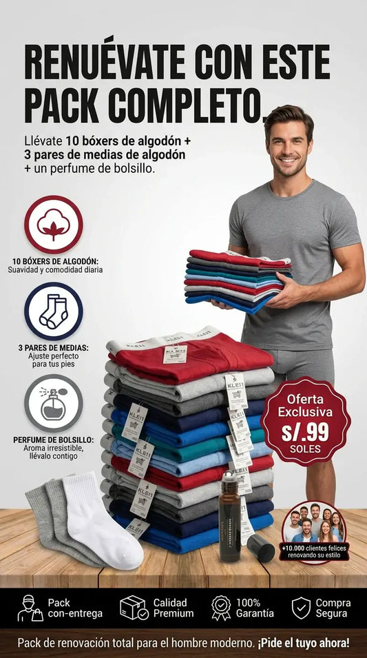 PACK ESENCIA | 10 BOXER + 3 MEDIAS + 1 PERFUME DE BOLSILLO