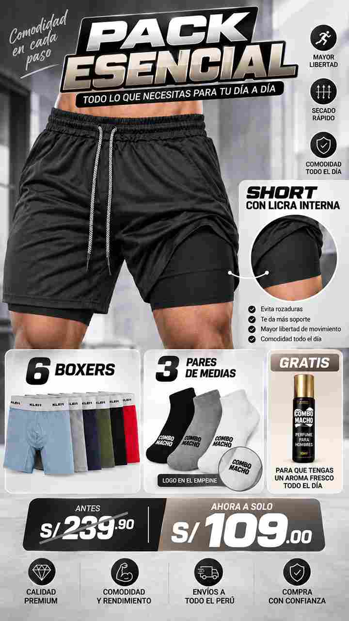 PACK ESENCIAL (1 SHORT LICRADO +6 BOXERS + 3 MEDIAS + 1 PERFUME)