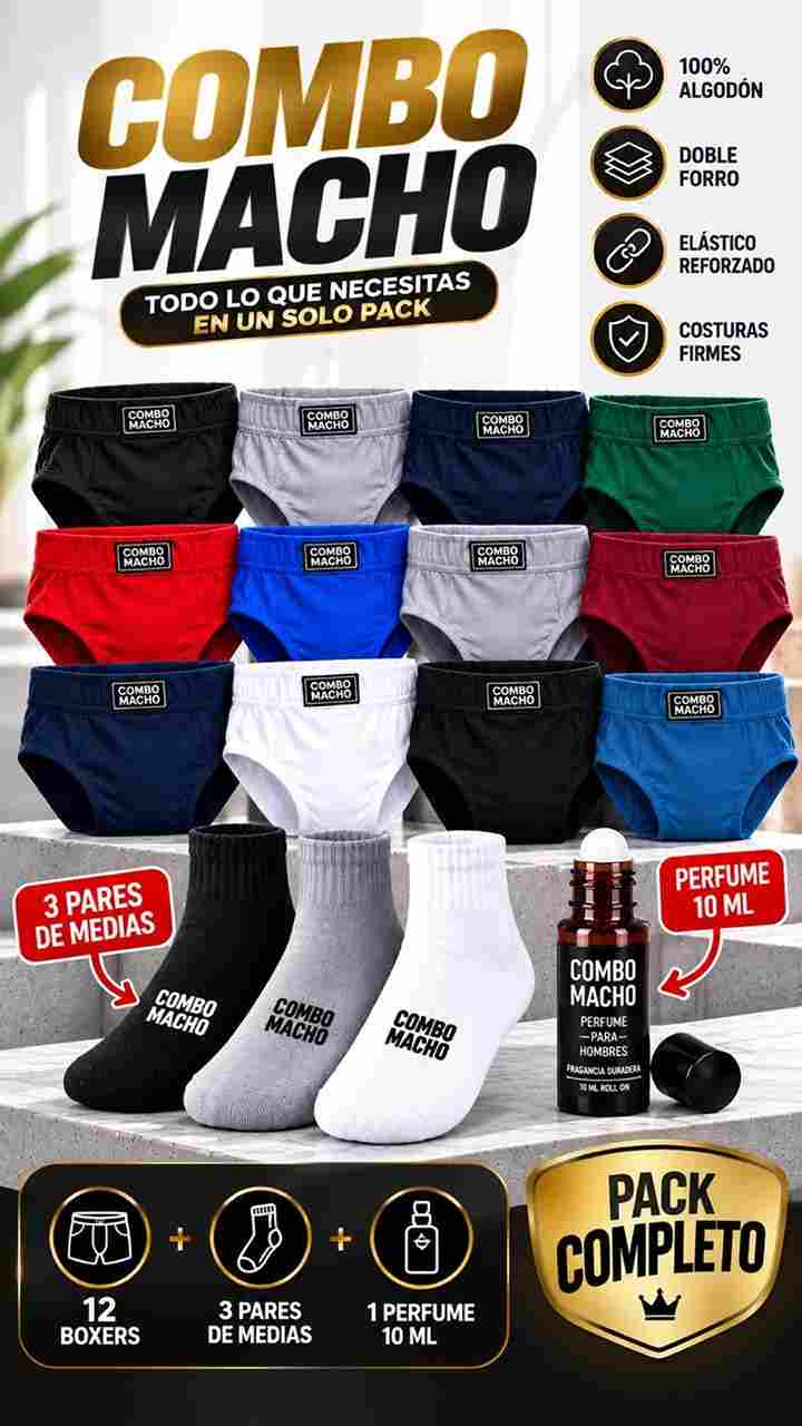 COMBO MACHO 12 calzoncillos + 3 pares de media + perfume