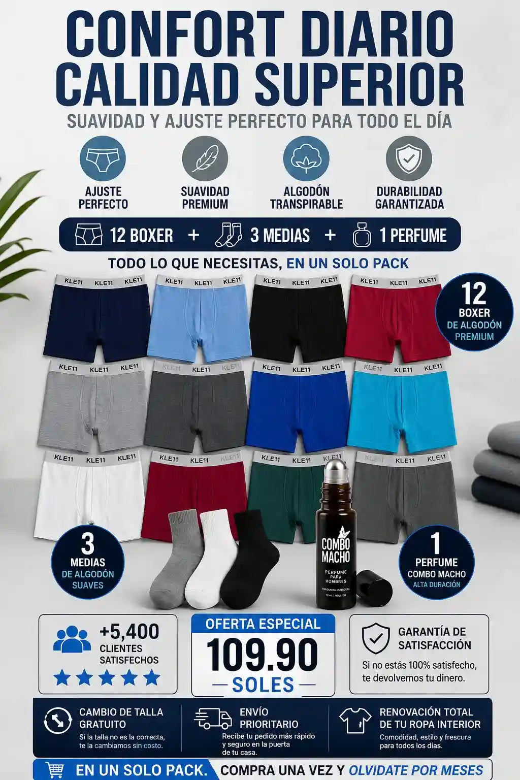 COMBO MACHO | 12 BOXERS + 3 MEDIAS + 1 PERFUME DE FEROMONAS